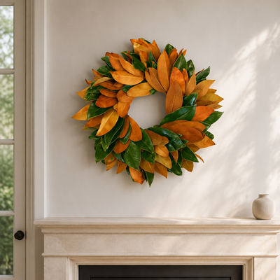 The Festive Wreath, an 18-inch fresh magnolia wreath, styled above a limestone fireplace mantel