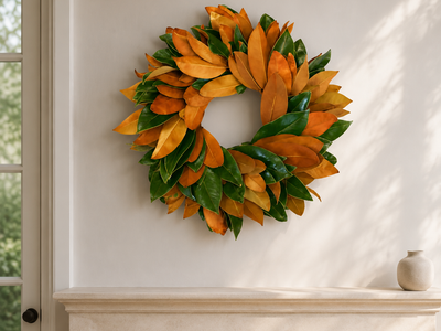 The Grand Magnolia wreath styled above a limestone fireplace mantel