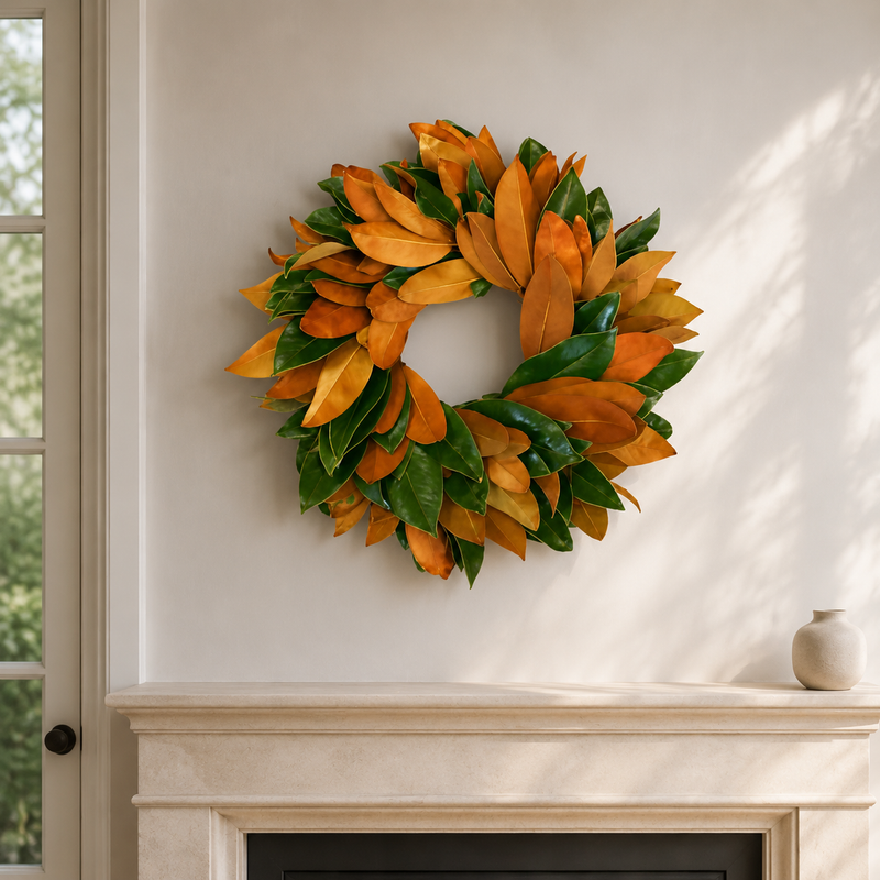 The Grand Magnolia wreath styled above a limestone fireplace mantel
