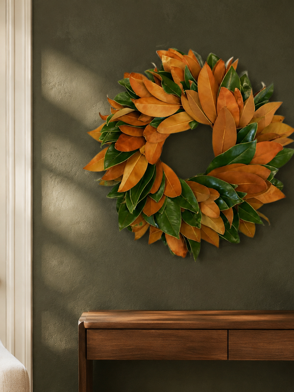 The Grand Magnolia wreath on a deep green wall above a wood console, glossy green magnolia leaves alternating with bronze undersides