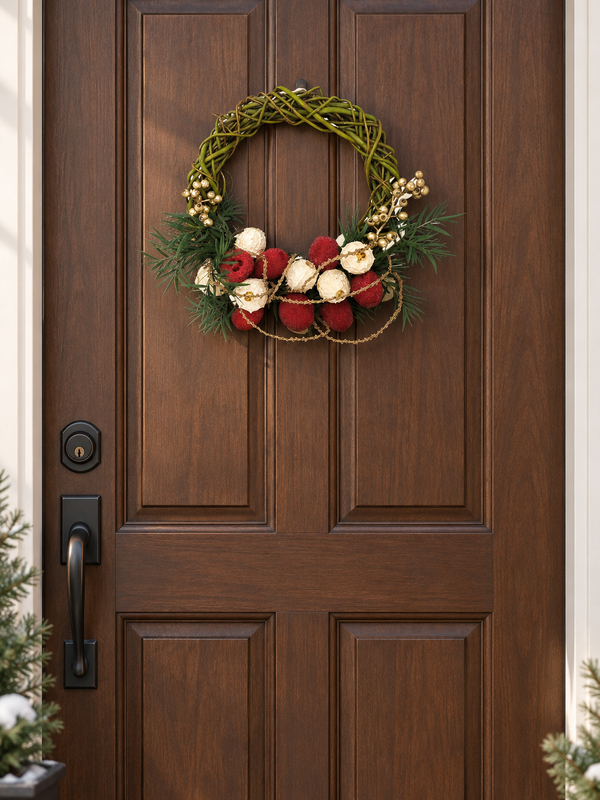 The Jingle Willow Wreath hanging on a dark wood front door