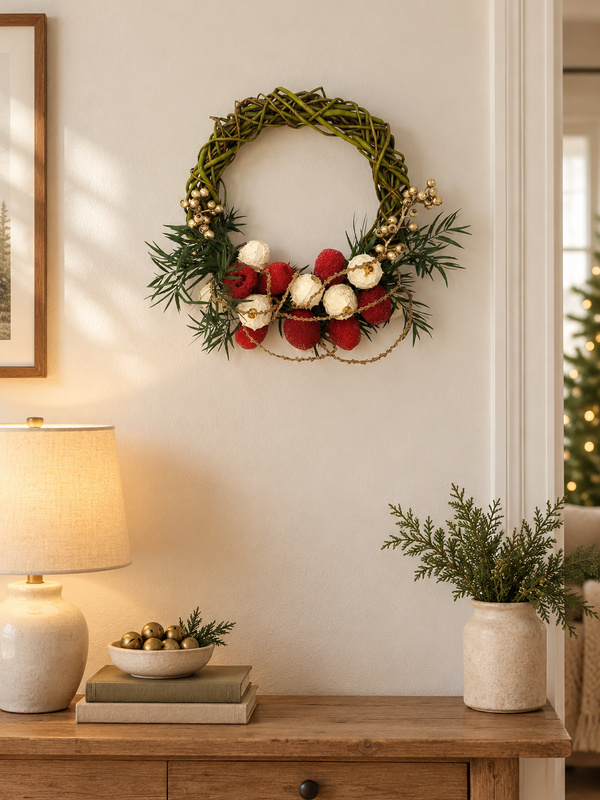 The Jingle Willow Wreath styled on a wall above a console table