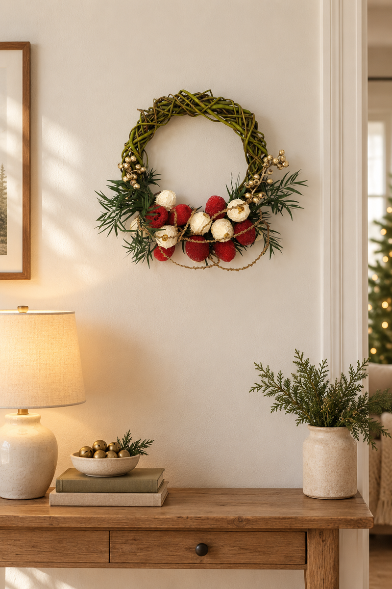 The Jingle Willow Wreath styled on a wall above a console table