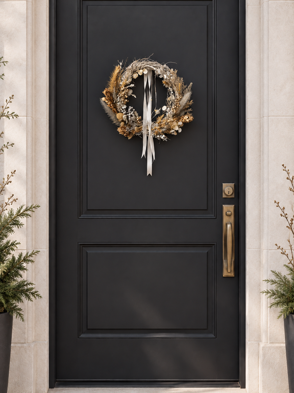 The Starlight Wreath hanging on a black front door with a white ribbon