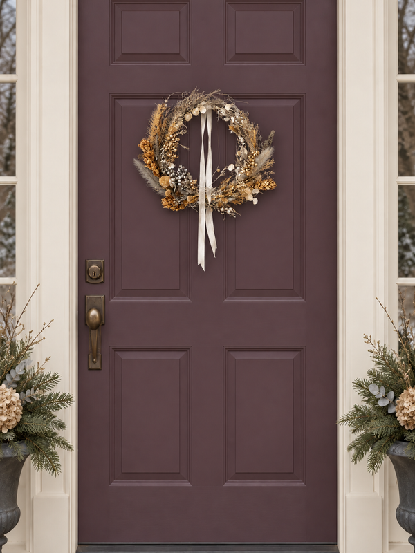 The Starlight Wreath hanging on a deep plum front door with a cream ribbon