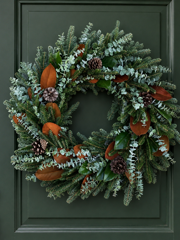 The Welcome Wreath hanging on a dark green front door