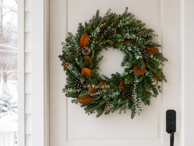 The Welcome Wreath on a white front door in the snow, with Fraser fir, blue-green baby eucalyptus, magnolia, and pinecones
