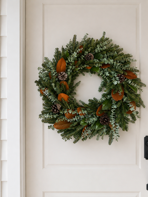 The Welcome Wreath on a white front door in the snow, with Fraser fir, blue-green baby eucalyptus, magnolia, and pinecones