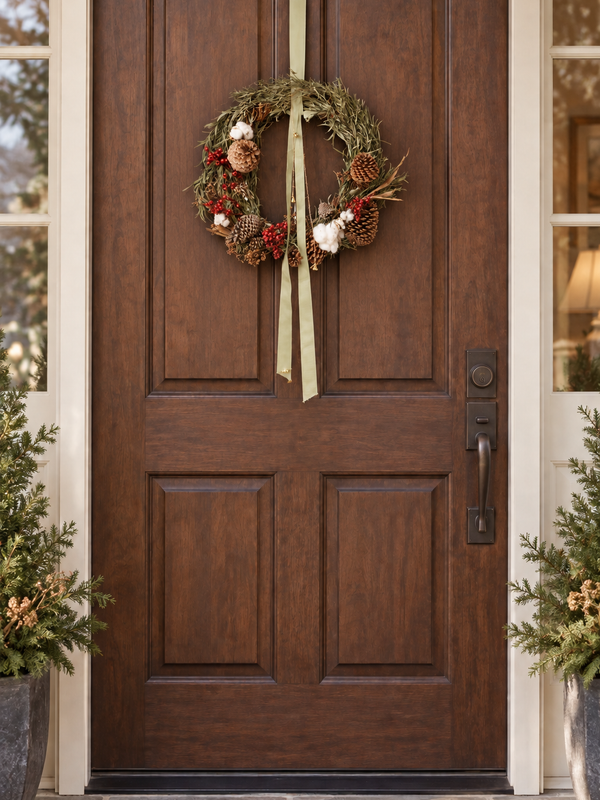 The Woodland Wreath hanging on a dark wood front door with a sage ribbon and bells
