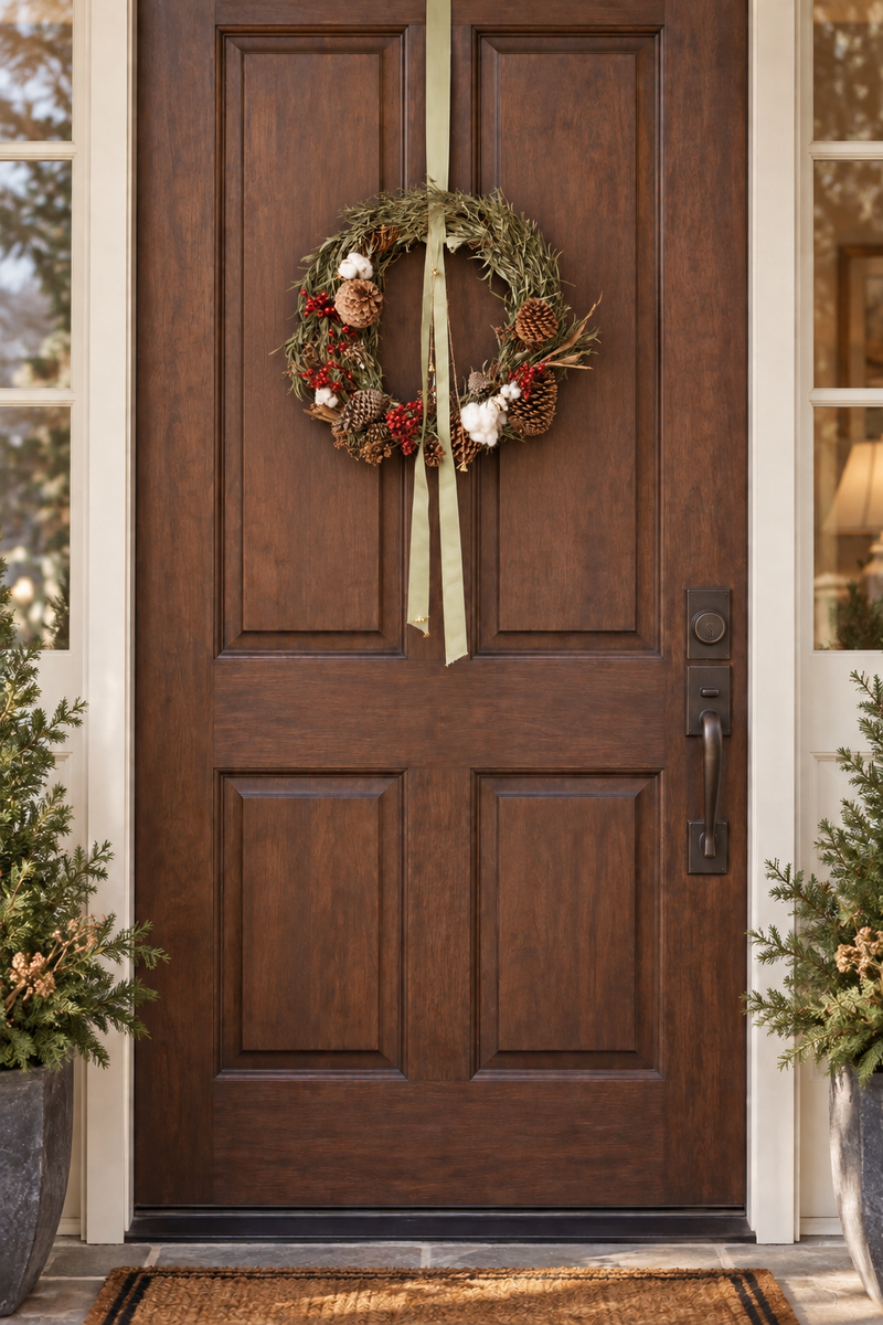 The Woodland Wreath hanging on a dark wood front door with a sage ribbon and bells