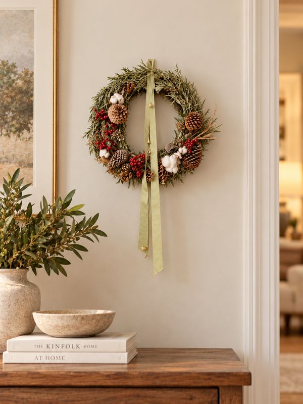 The Woodland Wreath, a dried wreath with pinecones, red berries, and cotton bolls tied with a sage ribbon, above a wood console table
