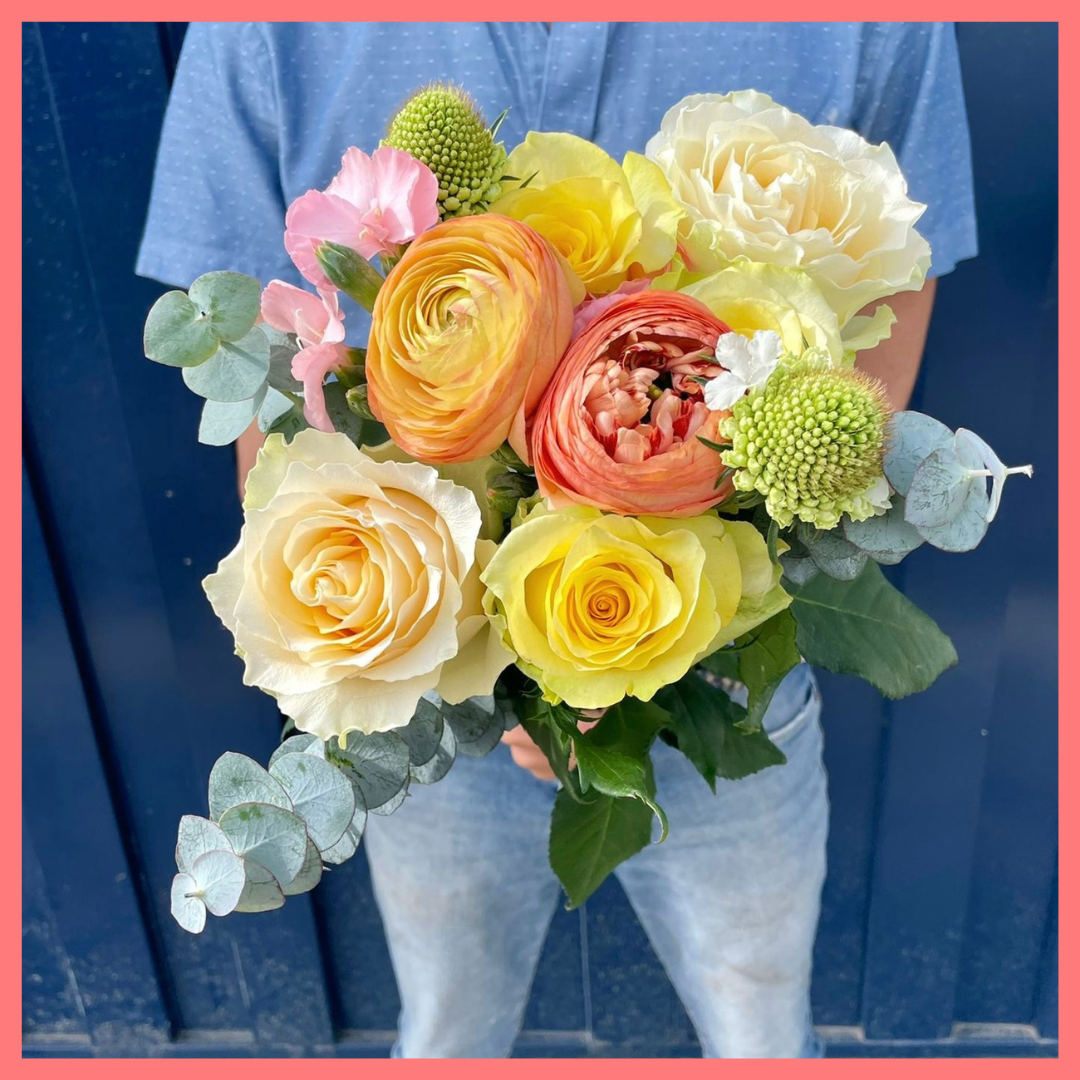 The Mother Dear bouquet includes mixed stems of eucalyptus, ranunculus, roses, solomio, and scabiosa. Please note that as flowers are a live product, colors and varieties may slightly vary from the photos shown to provide you with the freshest and most beautiful bouquet.