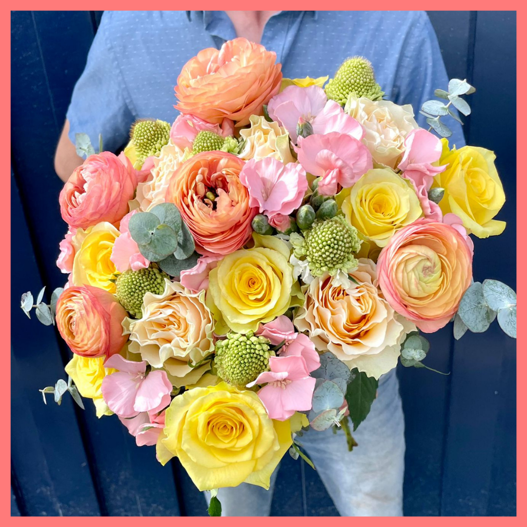 The Mother Dear bouquet includes mixed stems of eucalyptus, ranunculus, roses, solomio, and scabiosa. Please note that as flowers are a live product, colors and varieties may slightly vary from the photos shown to provide you with the freshest and most beautiful bouquet.