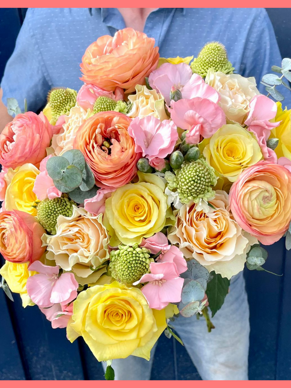 The Mother Dear bouquet includes mixed stems of eucalyptus, ranunculus, roses, solomio, and scabiosa. Please note that as flowers are a live product, colors and varieties may slightly vary from the photos shown to provide you with the freshest and most beautiful bouquet.