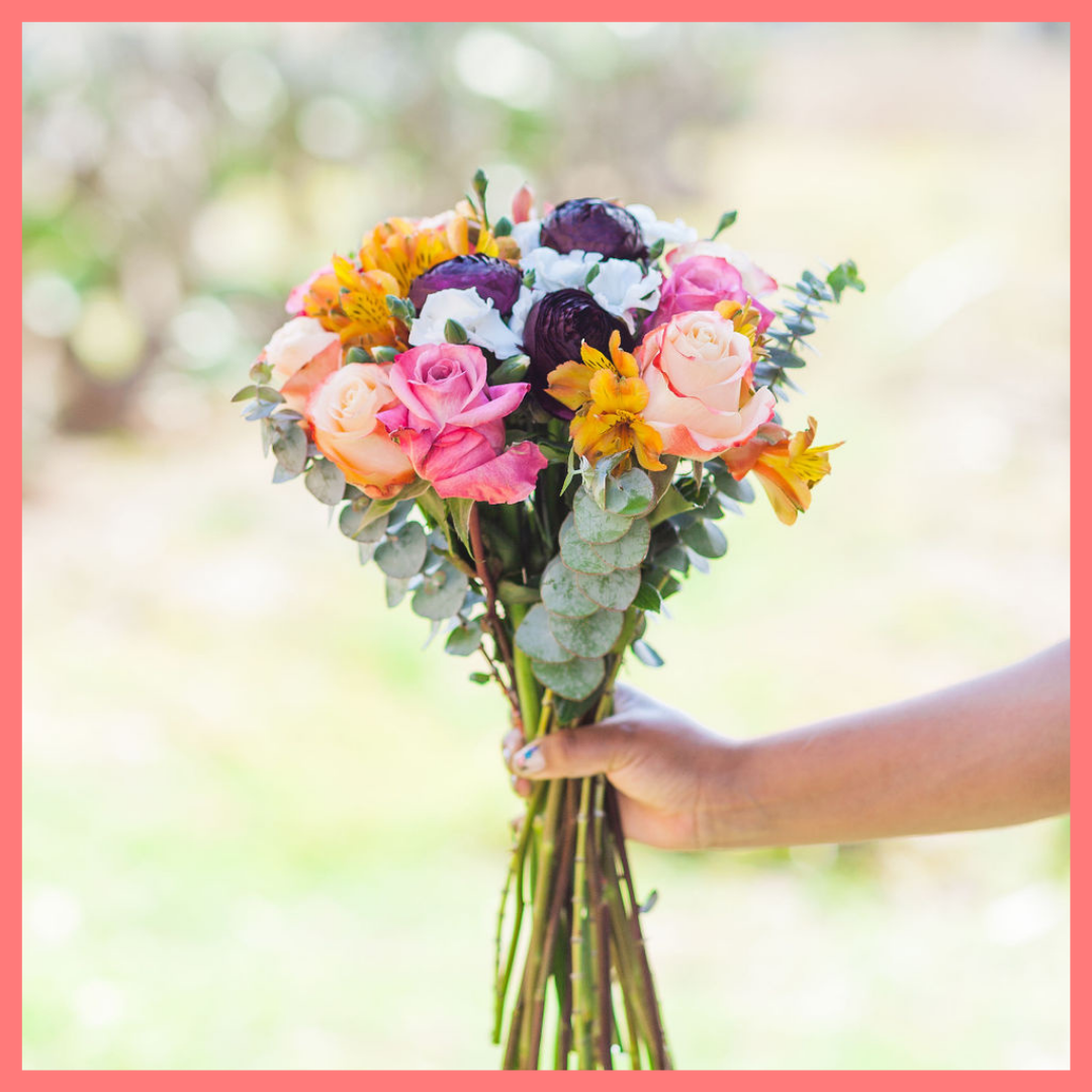 The Bundle of Joy flower bouquet includes mixed stems of ranunculus, roses, solomio, alstroemeria, and eucalyptus. Please note that as flowers are a live product, colors and varieties may slightly vary from the photos shown to provide you with the freshest and most beautiful bouquet.