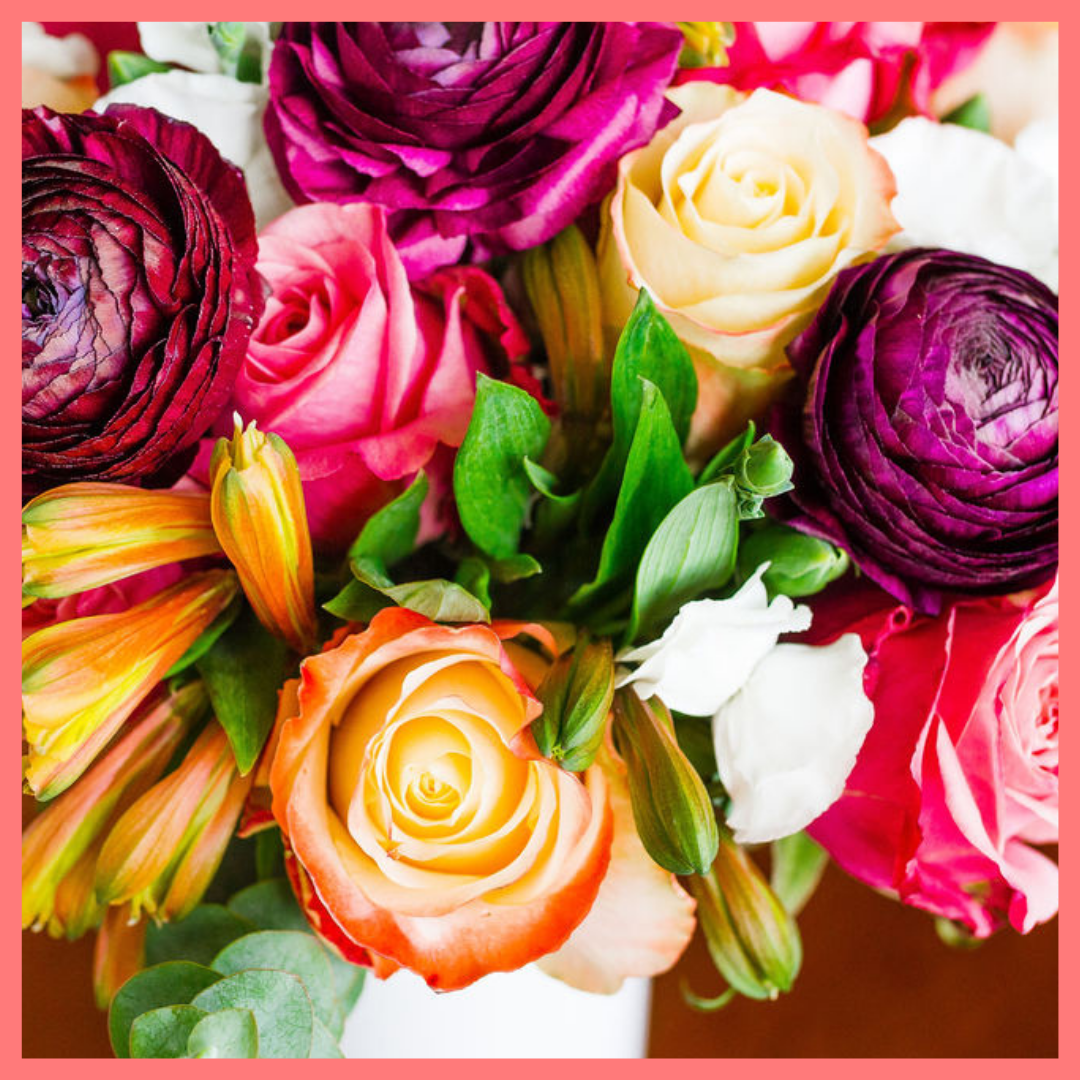 The Bundle of Joy flower bouquet includes mixed stems of ranunculus, roses, solomio, alstroemeria, and eucalyptus. Please note that as flowers are a live product, colors and varieties may slightly vary from the photos shown to provide you with the freshest and most beautiful bouquet.