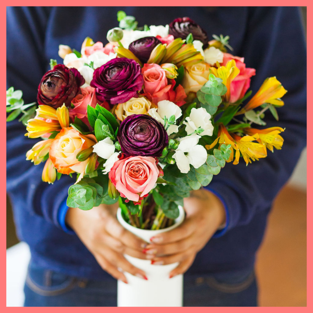 The Bundle of Joy flower bouquet includes mixed stems of ranunculus, roses, solomio, alstroemeria, and eucalyptus. Please note that as flowers are a live product, colors and varieties may slightly vary from the photos shown to provide you with the freshest and most beautiful bouquet.