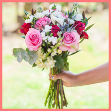 Load image into Gallery viewer, The Sweet Autumn flower bouquet includes mixed stems of anemones, eryngium, roses, solomio, eucalyptus, hebes, and stock. Please note that as flowers are a live product, colors and varieties may slightly vary from the photos shown to provide you with the freshest and most beautiful bouquet.
