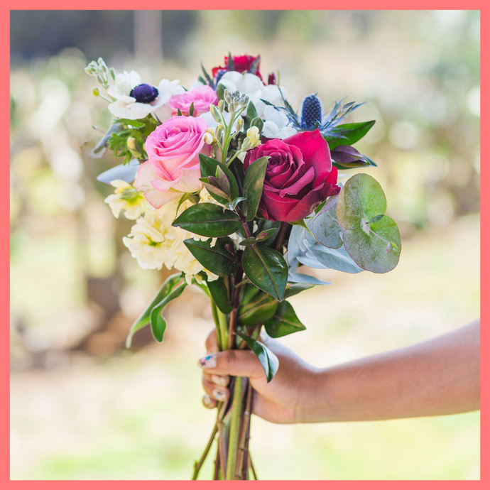 The Sweet Autumn flower bouquet includes mixed stems of anemones, eryngium, roses, solomio, eucalyptus, hebes, and stock. Please note that as flowers are a live product, colors and varieties may slightly vary from the photos shown to provide you with the freshest and most beautiful bouquet.