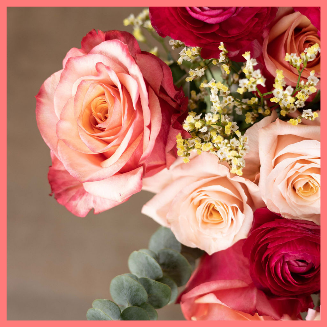 The Shirley bouquet includes mixed stems of eucalyptus, roses, ranunculus, snapdragons, and limonium. Please note that as flowers are a live product, colors and varieties may slightly vary from the photos shown to provide you with the freshest and most beautiful bouquet.