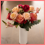 The Shirley bouquet includes mixed stems of eucalyptus, roses, ranunculus, snapdragons, and limonium. Please note that as flowers are a live product, colors and varieties may slightly vary from the photos shown to provide you with the freshest and most beautiful bouquet.
