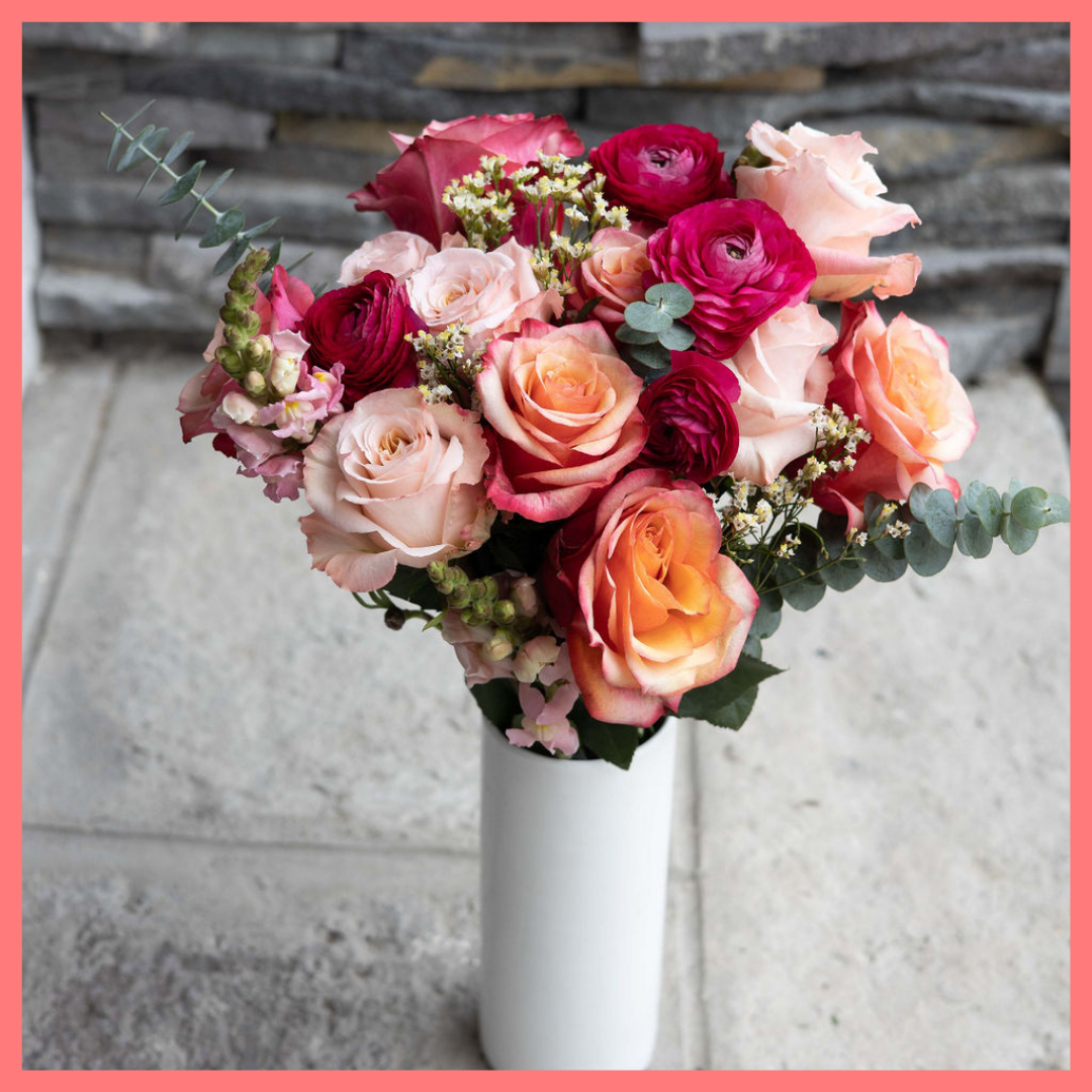The Shirley bouquet includes mixed stems of eucalyptus, roses, ranunculus, snapdragons, and limonium. Please note that as flowers are a live product, colors and varieties may slightly vary from the photos shown to provide you with the freshest and most beautiful bouquet.