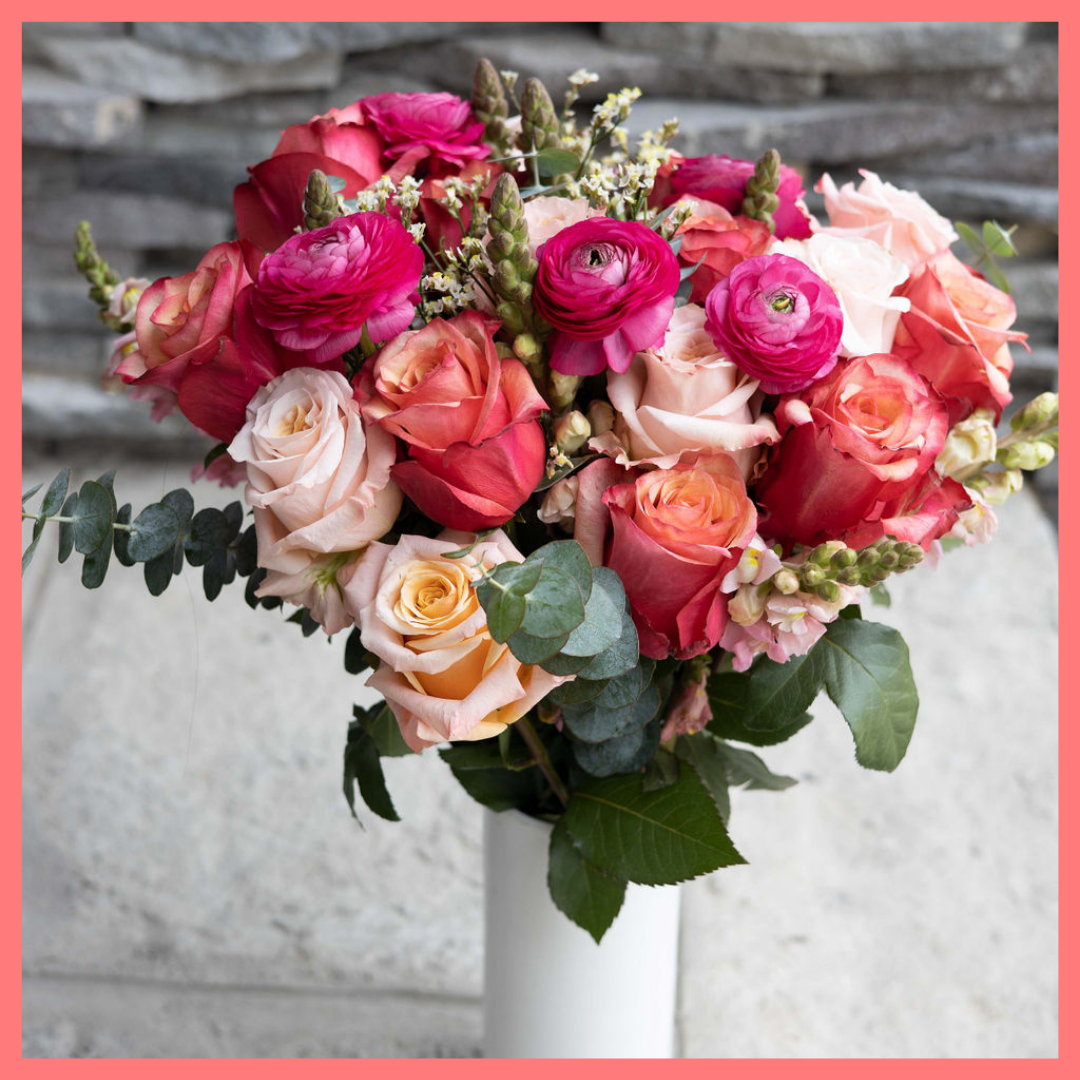 The Shirley bouquet includes mixed stems of eucalyptus, roses, ranunculus, snapdragons, and limonium. Please note that as flowers are a live product, colors and varieties may slightly vary from the photos shown to provide you with the freshest and most beautiful bouquet.