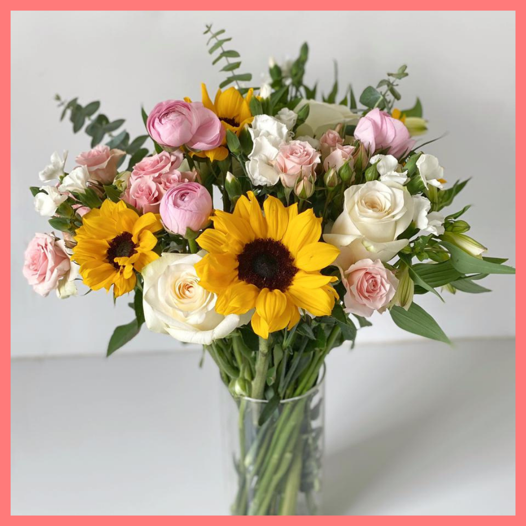 Order the I've Got Sunshine flower bouquet! The bouquet includes mixed stems of sunflowers, eucalyptus, roses, spray roses, solomio, ranunculus, and alstroemeria. Please note that as flowers are a live product, colors and varieties may slightly vary from the photos shown to provide you with the freshest and most beautiful bouquet.