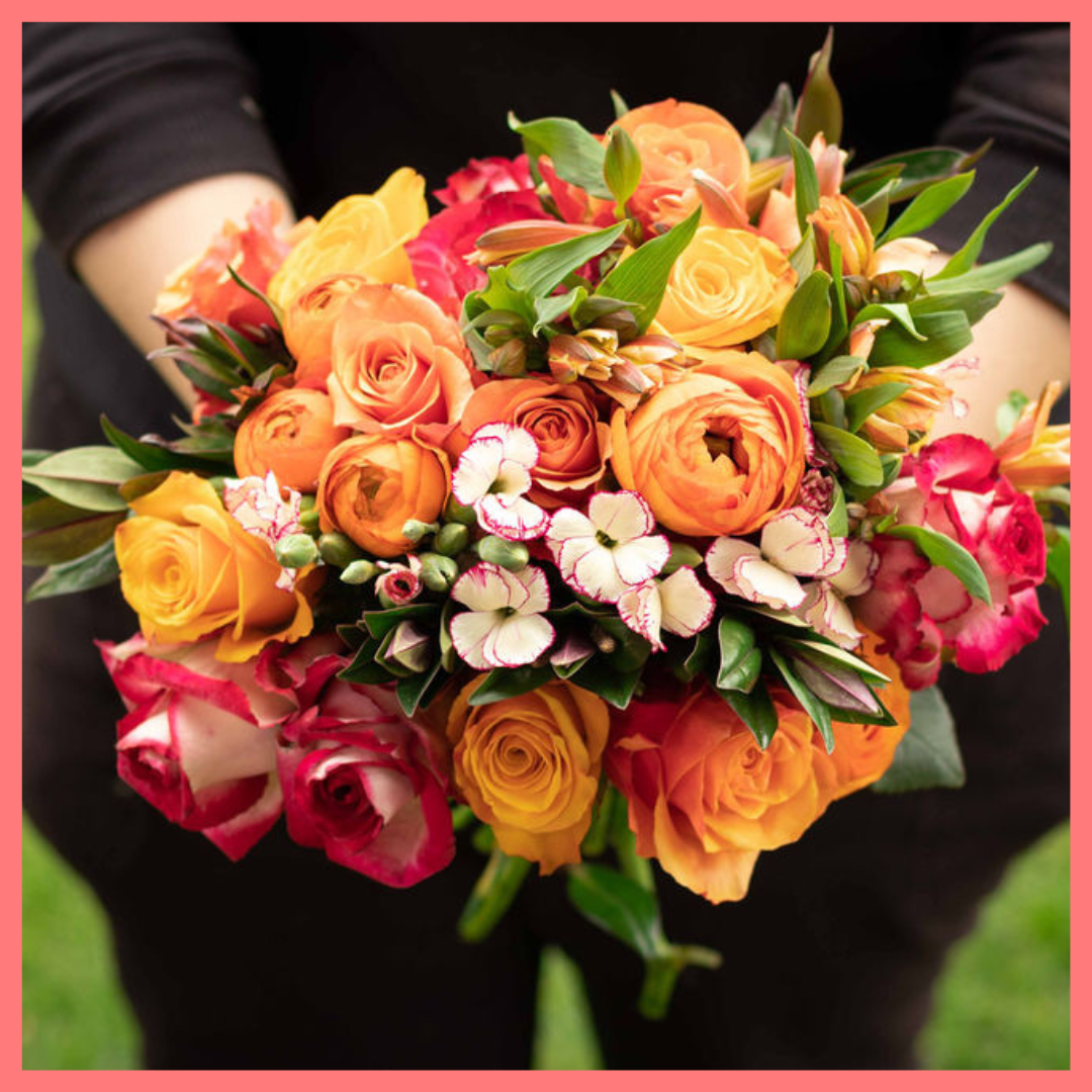 The Always Thankful flower bouquet includes mixed stems of roses, ranunculus, alstroemeria, hebes, and solomio. Please note that as flowers are a live product, colors and varieties may slightly vary from the photos shown to provide you with the freshest and most beautiful bouquet.