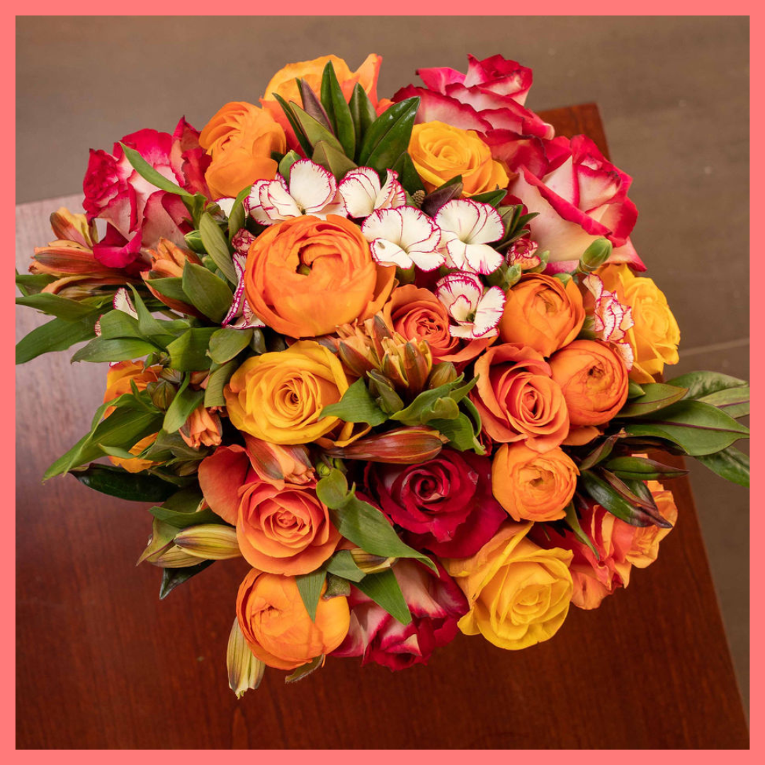 The Always Thankful flower bouquet includes mixed stems of roses, ranunculus, alstroemeria, hebes, and solomio. Please note that as flowers are a live product, colors and varieties may slightly vary from the photos shown to provide you with the freshest and most beautiful bouquet.