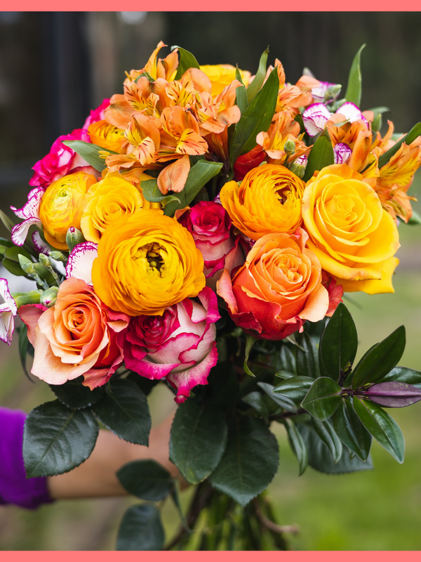 The Always Thankful flower bouquet includes mixed stems of roses, ranunculus, alstroemeria, hebes, and solomio. Please note that as flowers are a live product, colors and varieties may slightly vary from the photos shown to provide you with the freshest and most beautiful bouquet.