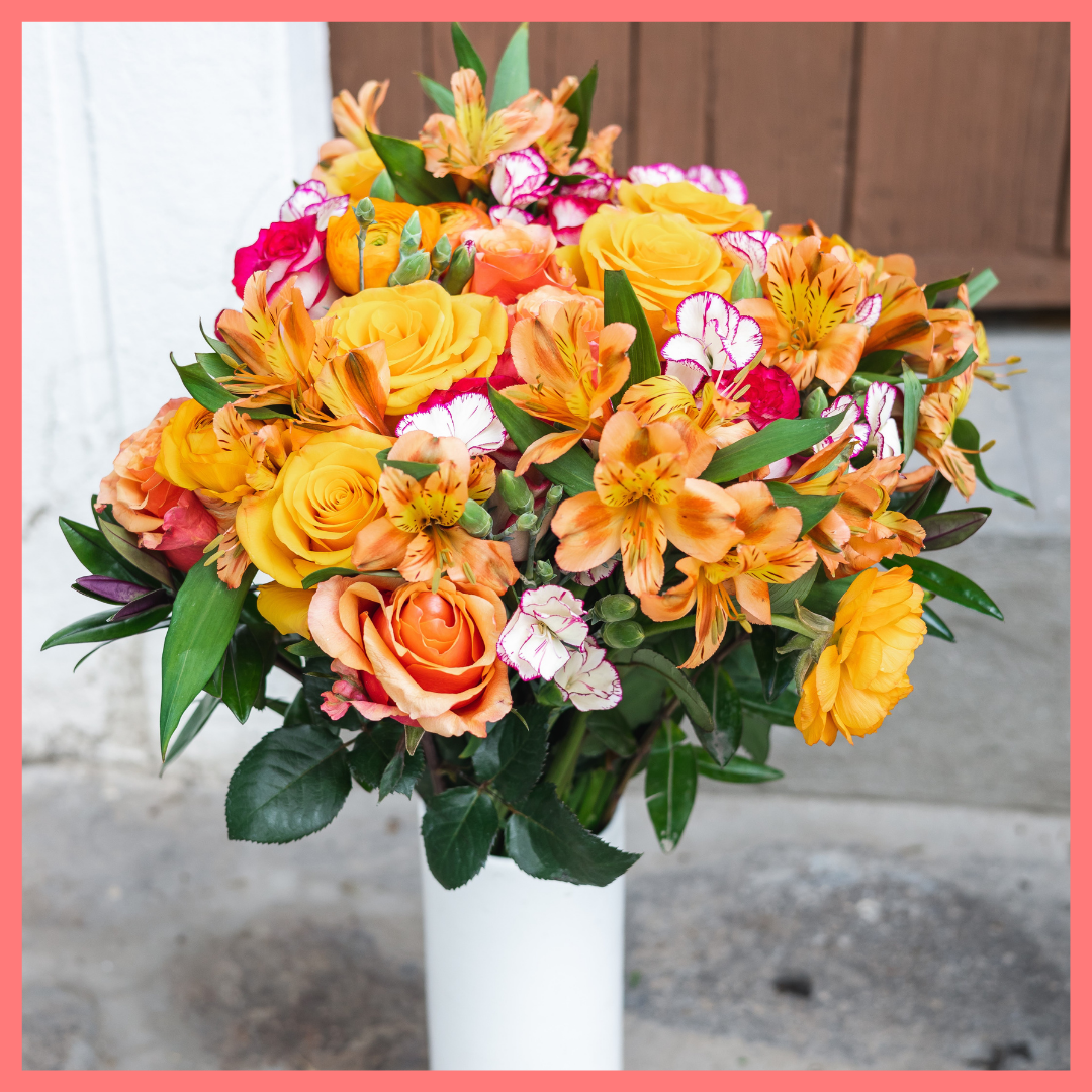 The Always Thankful flower bouquet includes mixed stems of roses, ranunculus, alstroemeria, hebes, and solomio. Please note that as flowers are a live product, colors and varieties may slightly vary from the photos shown to provide you with the freshest and most beautiful bouquet.