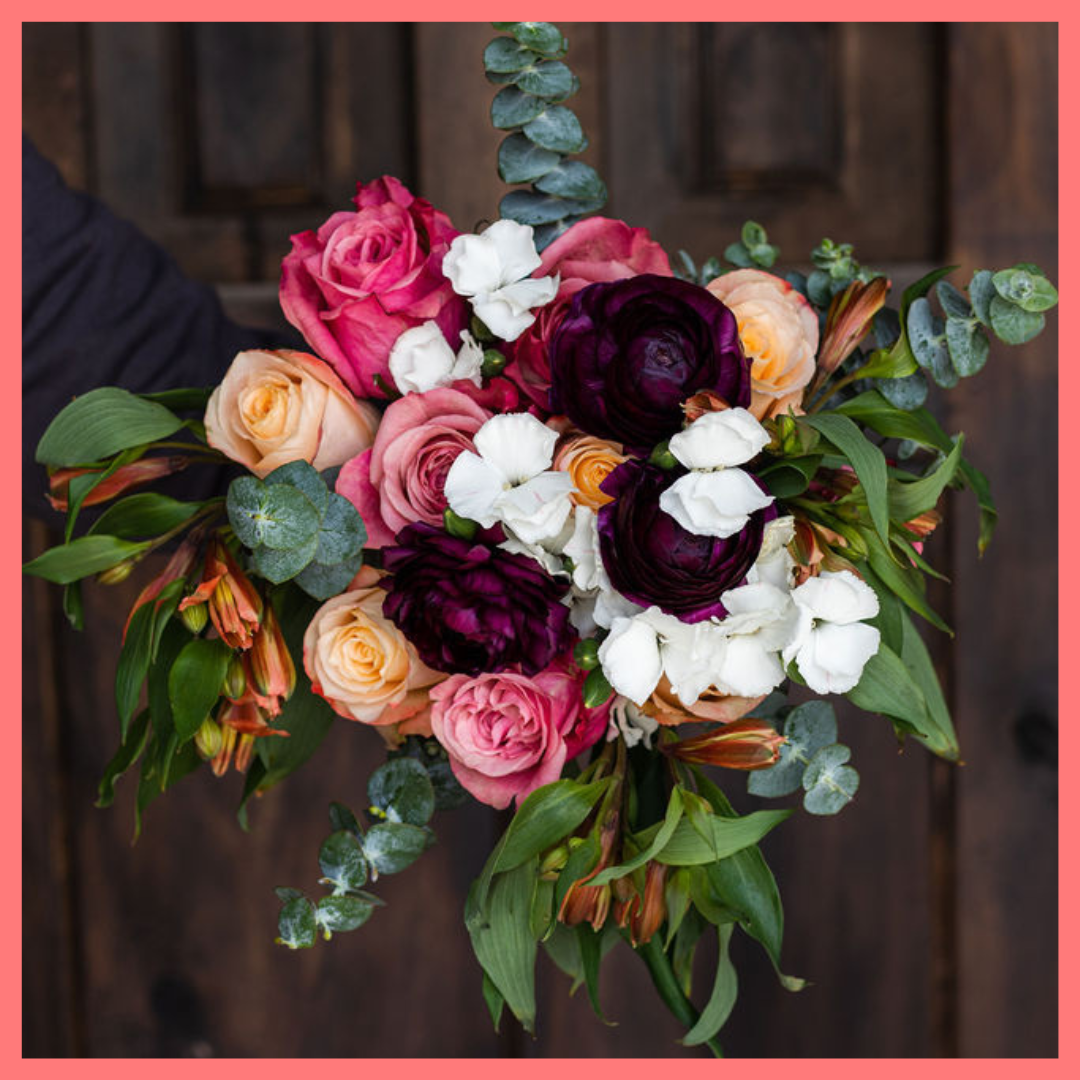 The Bundle of Joy bouquet includes mixed stems of ranunculus, roses, solomio, alstroemeria, and eucalyptus. Please note that as flowers are a live product, colors and varieties may slightly vary from the photos shown to provide you with the freshest and most beautiful bouquet.