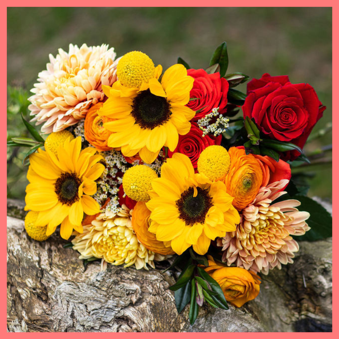 The Falling in Love bouquet includes mixed stems of sunflower, roses, chrysanthemums, ranunculus, craspedia, hebes, and limonium! Please note that as flowers are a live product, colors and varieties may slightly vary from the photos shown to provide you with the freshest and most beautiful bouquet.