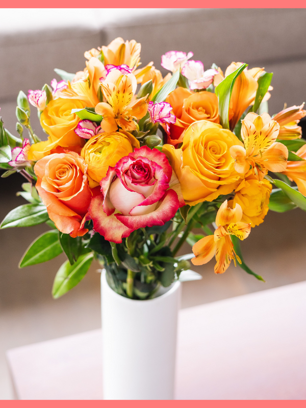 The Always Thankful flower bouquet includes mixed stems of roses, ranunculus, alstroemeria, hebes, and solomio. Please note that as flowers are a live product, colors and varieties may slightly vary from the photos shown to provide you with the freshest and most beautiful bouquet.