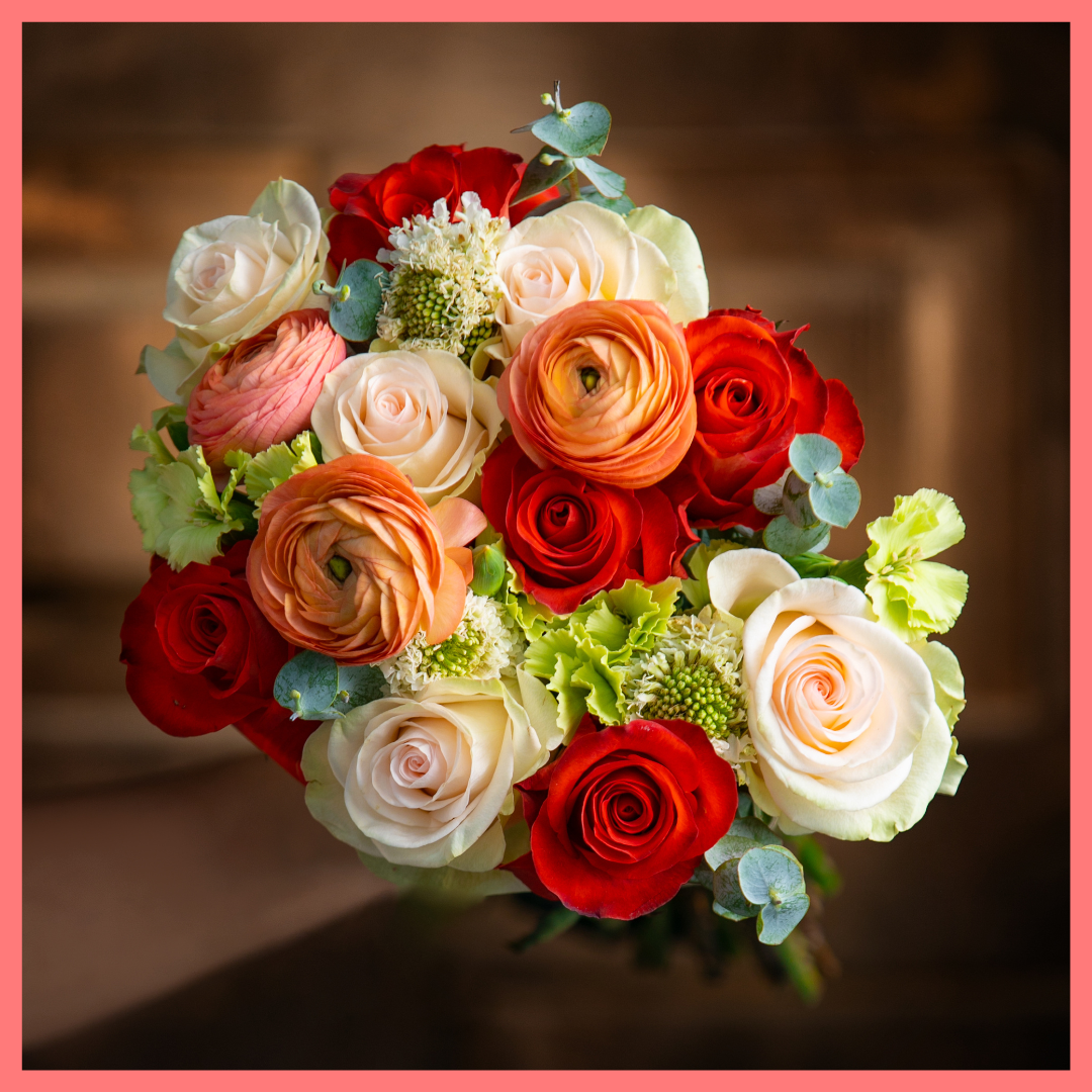 The Good Times Roll bouquet includes 38-42 mixed stems of roses, ranunculus, scabiosa, solomio, and eucalyptus. Vase included. Please note that as flowers are a live product, colors and varieties may slightly vary from the photos shown to provide you with the freshest and most beautiful bouquet.