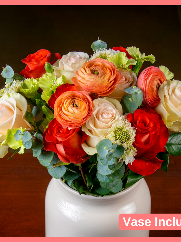 The Good Times Roll bouquet includes 38-42 mixed stems of roses, ranunculus, scabiosa, solomio, and eucalyptus. Vase included. Please note that as flowers are a live product, colors and varieties may slightly vary from the photos shown to provide you with the freshest and most beautiful bouquet.