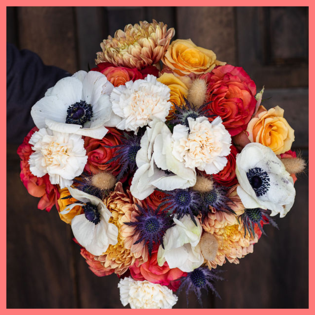 The Harvest Festival bouquet includes mixed stems of roses, anemone, delphinium, eryngium, chrysanthemums, bunny tail, and carnation!