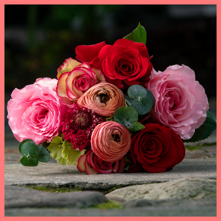 The My Sweet Valentine bouquet includes mixed stems of roses, solomio, ranunculus, scabiosa, and eucalyptus. Please note that as flowers are a live product, colors and varieties may slightly vary from the photos shown to provide you with the freshest and most beautiful bouquet.