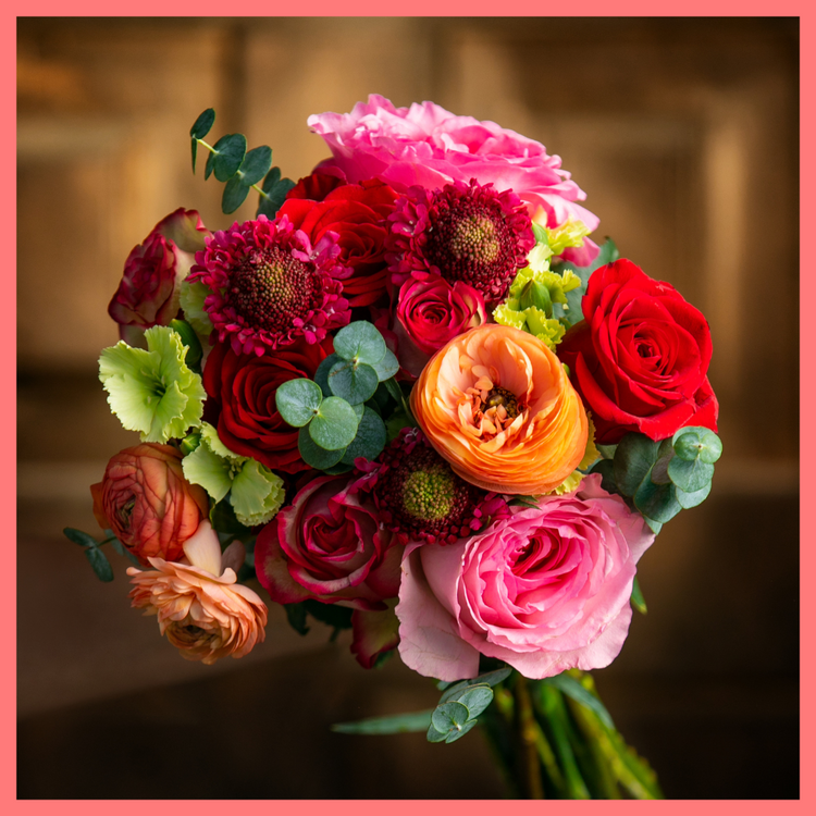 The My Sweet Valentine bouquet includes mixed stems of roses, solomio, ranunculus, scabiosa, and eucalyptus. Please note that as flowers are a live product, colors and varieties may slightly vary from the photos shown to provide you with the freshest and most beautiful bouquet.