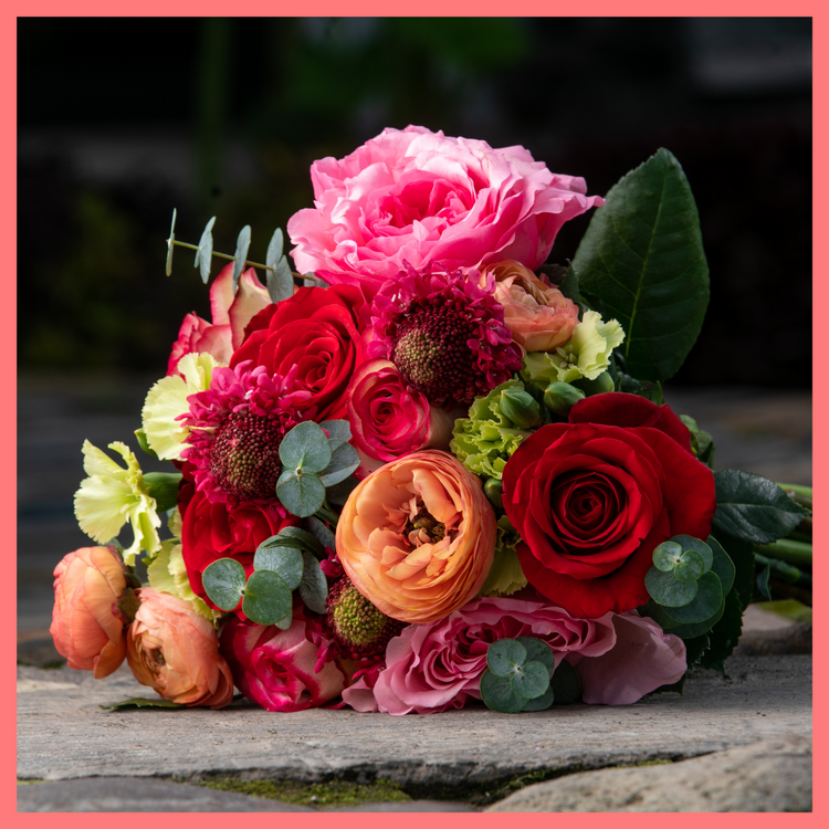 The My Sweet Valentine bouquet includes mixed stems of roses, solomio, ranunculus, scabiosa, and eucalyptus. Please note that as flowers are a live product, colors and varieties may slightly vary from the photos shown to provide you with the freshest and most beautiful bouquet.