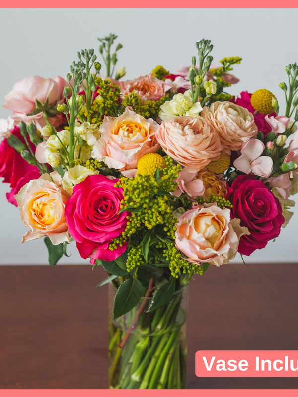 Order the My Dear flower bouquet. The My Dear bouquet includes mixed stems of ranunculus, roses, solidago, snapdragons, solomio, and craspedia. Vase included. The flowers will be shipped directly from the farm to you!