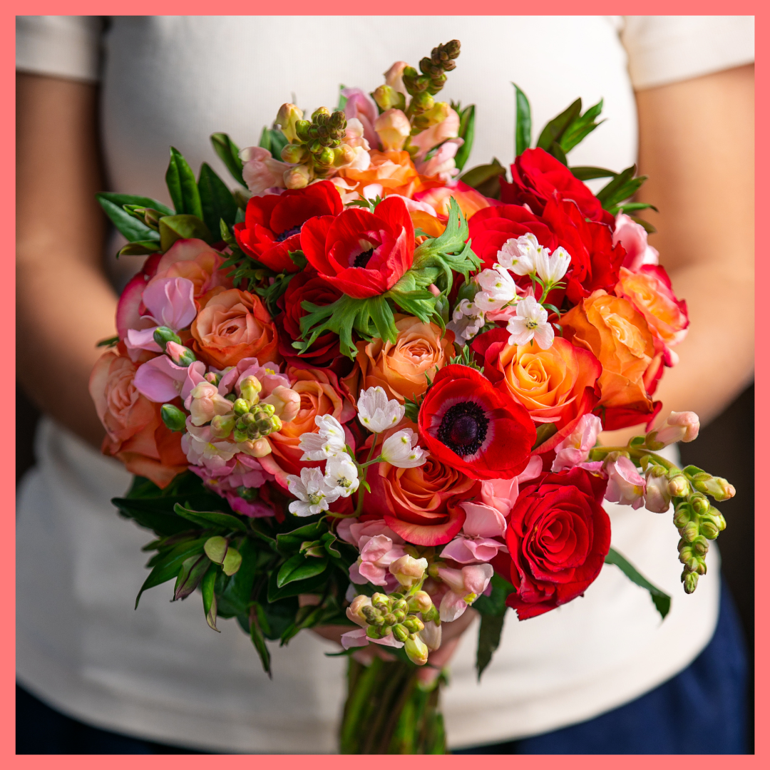 The Oh My Darling bouquet includes mixed stems of roses, anemone, snapdragon, solomio, delphinium, and hebes. Please note that as flowers are a live product, colors and varieties may slightly vary from the photos shown to provide you with the freshest and most beautiful bouquet.