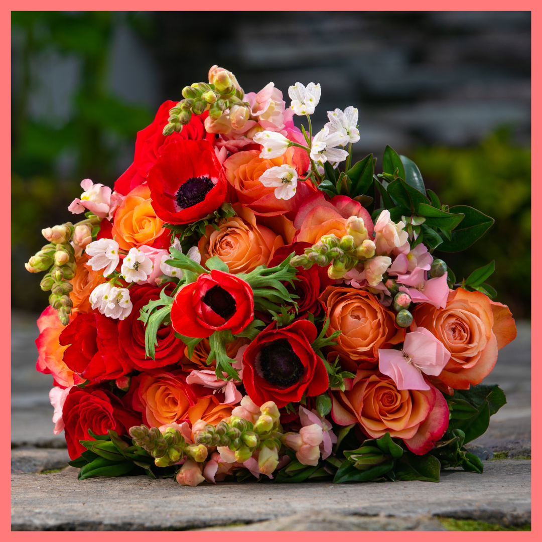 The Oh My Darling bouquet includes mixed stems of roses, anemone, snapdragon, solomio, delphinium, and hebes. Please note that as flowers are a live product, colors and varieties may slightly vary from the photos shown to provide you with the freshest and most beautiful bouquet.