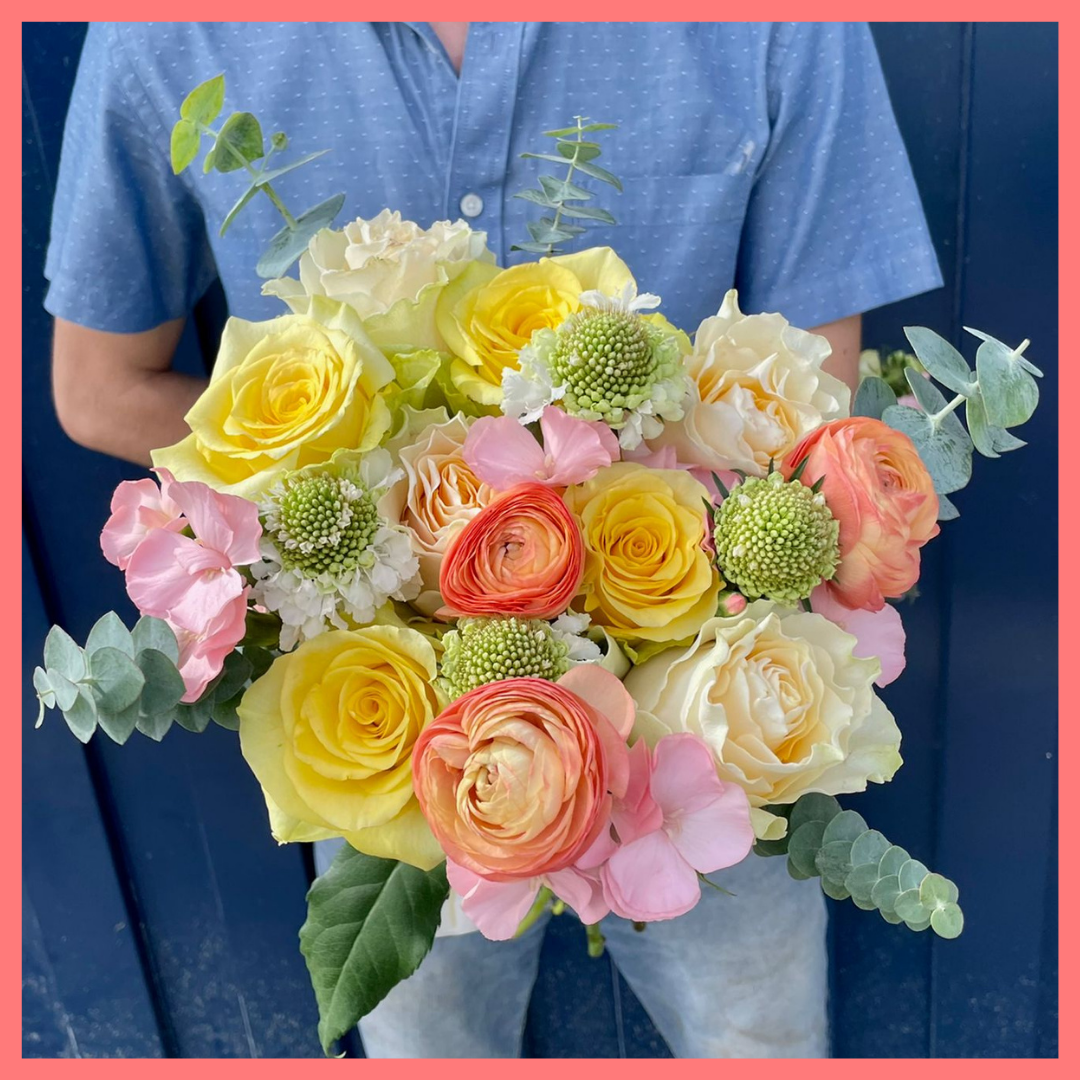 The Mother Dear bouquet includes mixed stems of eucalyptus, ranunculus, roses, solomio, and scabiosa. Please note that as flowers are a live product, colors and varieties may slightly vary from the photos shown to provide you with the freshest and most beautiful bouquet.