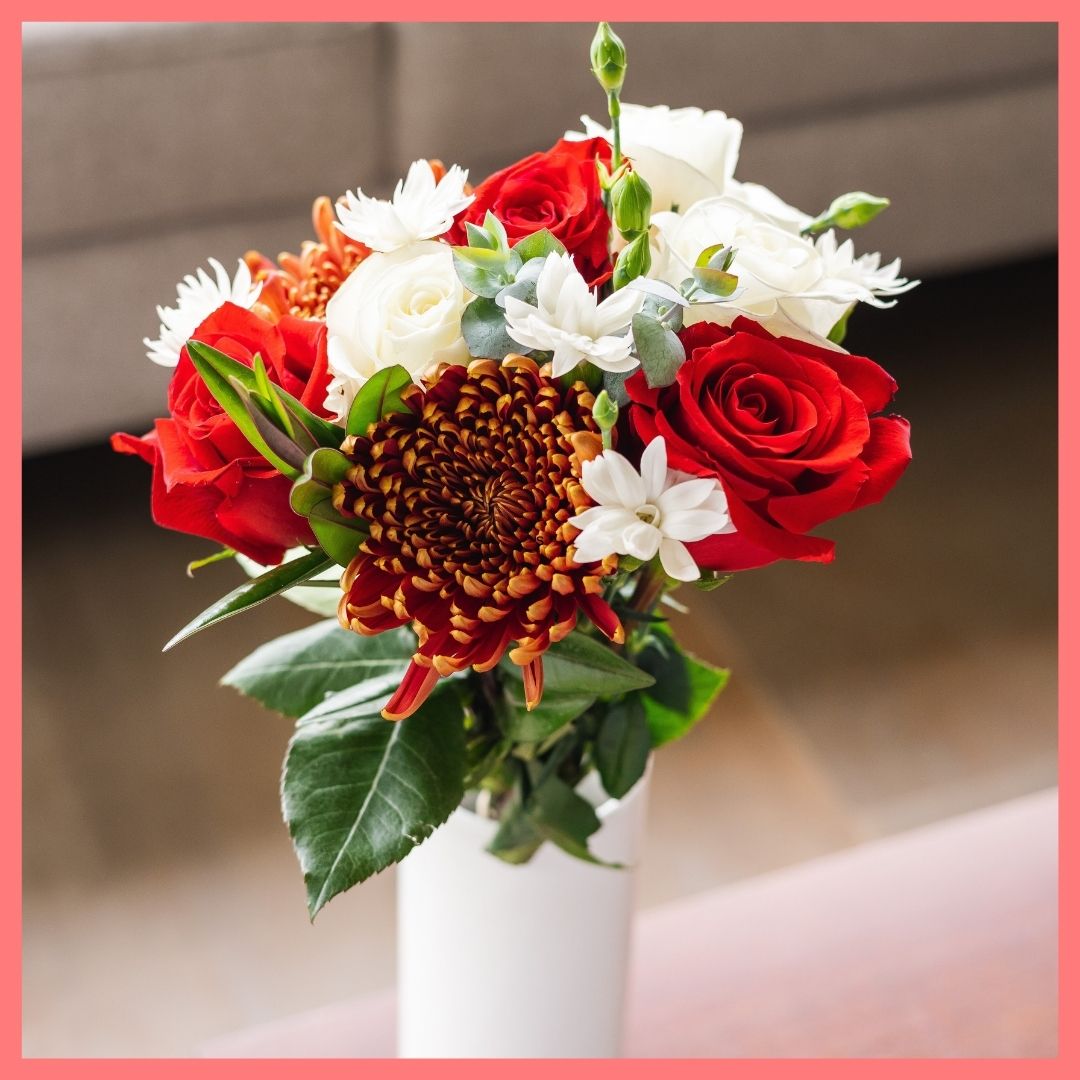 Order the Jingle Jingle Christmas flower bouquet! The Jingle Jingle flower bouquet includes mixed stems of roses, scabiosa, chrysanthemums, solomio, hebes, and eucalyptus. The flowers will be shipped directly from the farm to you!
