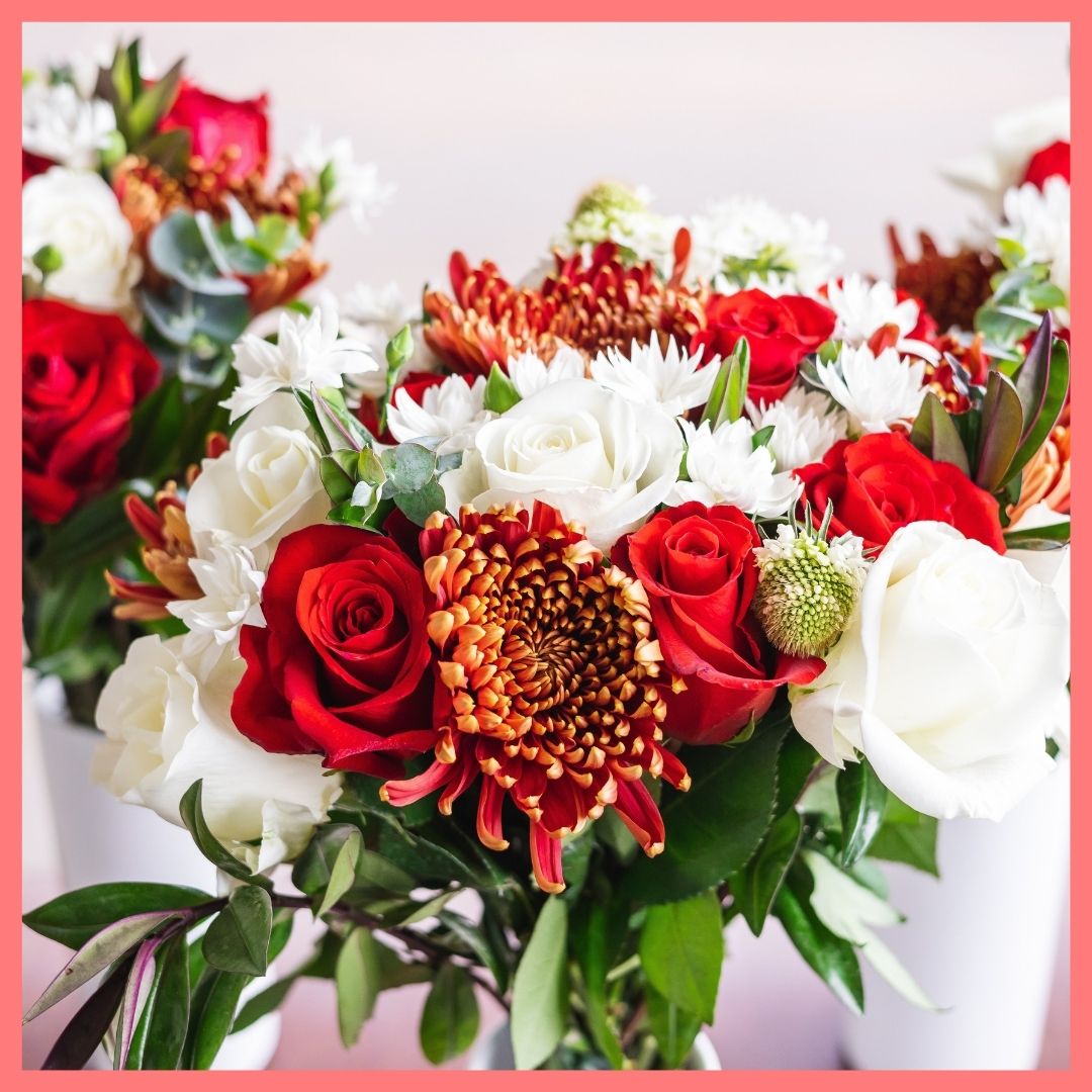 Order the Jingle Jingle Christmas flower bouquet! The Jingle Jingle flower bouquet includes mixed stems of roses, scabiosa, chrysanthemums, solomio, hebes, and eucalyptus. The flowers will be shipped directly from the farm to you!