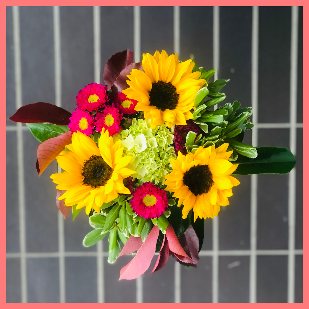 The Sunny Skies bouquet includes mixed stems of sunflowers, hydrangea, matsumoto, viburnum, photinia, and pittosporum! Please note that as flowers are a live product, colors, and varieties may slightly vary from the photos shown to provide you with the freshest and most beautiful bouquet.
