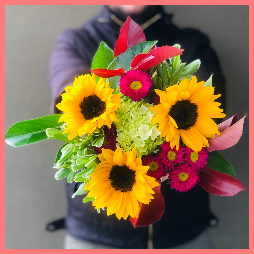 The Sunny Skies bouquet includes mixed stems of sunflowers, hydrangea, matsumoto, viburnum, photinia, and pittosporum! Please note that as flowers are a live product, colors, and varieties may slightly vary from the photos shown to provide you with the freshest and most beautiful bouquet.