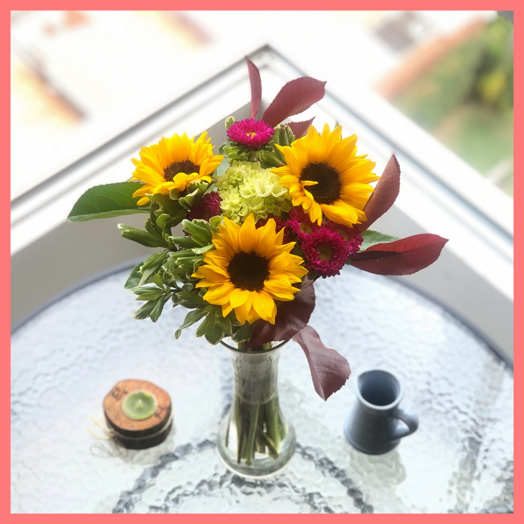 The Sunny Skies bouquet includes mixed stems of sunflowers, hydrangea, matsumoto, viburnum, photinia, and pittosporum! Please note that as flowers are a live product, colors, and varieties may slightly vary from the photos shown to provide you with the freshest and most beautiful bouquet.